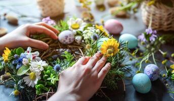 AI generated Florist Arranging Beautiful Easter Flowers and Pastel Eggs in Warm Sunlit Room photo