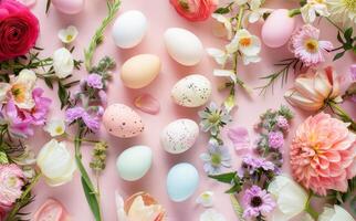 AI generated Elegant Easter Celebration With Decorated Eggs and Spring Flowers on a Pastel Background photo
