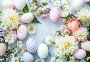 AI generated Elegant Easter Celebration With Decorated Eggs and Spring Flowers on a Pastel Background photo