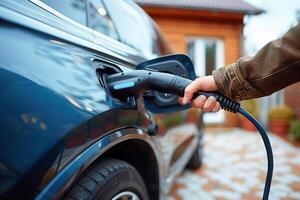 AI generated Person Charging an Electric Car Outside a Residential Home at Dusk photo