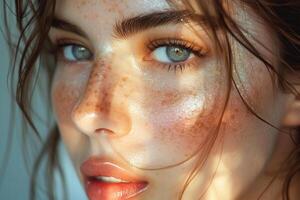 AI generated Close-Up Portrait of a Young Woman With Striking Blue Eyes and Freckles photo