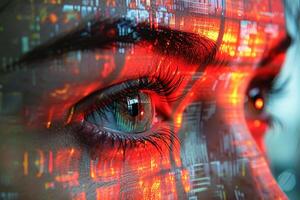 AI generated Close-Up of a Womans Eye Reflecting Abstract Digital Data Patterns photo
