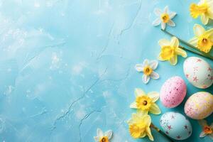 AI generated Colorful Painted Easter Eggs and Fresh Daffodils on a Blue Background photo