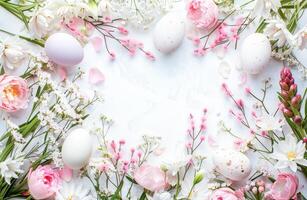 AI generated Colorful Easter Eggs and Spring Flowers Arranged on a White Background photo