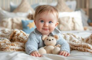 ai generado sonriente bebé con azul ojos siguiente a un marrón osito de peluche oso en un suave cama foto