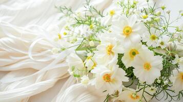 AI generated Beautiful White Cosmos Flowers Tied With a Ribbon photo