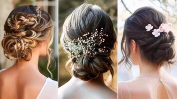 ai generado elegante nupcial updo peinado con floral pelo accesorios en un elegante salón ajuste foto