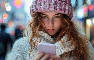 ai generado joven mujer en tejer sombrero utilizando teléfono inteligente en ocupado ciudad calle a noche foto