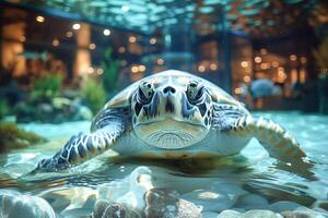 ai generado curioso mar Tortuga nadando hacia el cámara en un claro acuario tanque foto