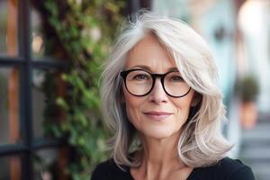 ai generado sonriente mayor mujer vistiendo lentes y bufanda al aire libre en luz foto