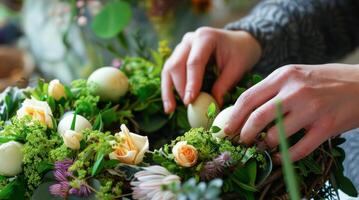 ai generado florista arreglando hermosa Pascua de Resurrección flores y pastel huevos en calentar iluminado por el sol habitación foto