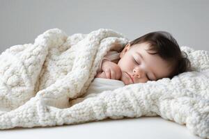 AI generated Beautiful Baby Wrapped in Cozy Knit Blanket Surrounded by White Blossoms photo