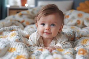 AI generated Adorable Baby Crawling on a Soft White Rug in a Cozy Living Room Setting photo