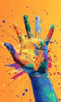 AI generated Vibrant Rainbow Paint Splattered Hand Against a Bright Orange Background photo