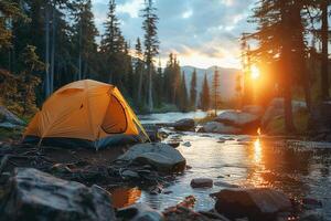 AI generated Tranquil Sunset View at Riverside Camping Site in a Forested Area photo