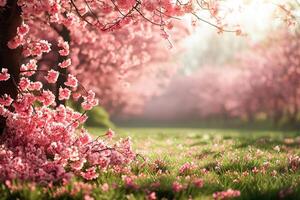 AI generated Vibrant Pink Cherry Blossoms in Full Bloom Under Soft Spring Light photo