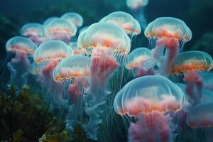 AI generated Luminescent Jellyfish Gracefully Drifting in the Deep Blue Ocean at Twilight photo