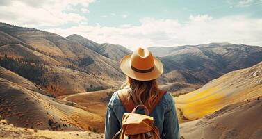 AI generated woman in hat stay with beautiful view of mountain photo