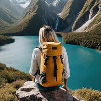 ai generado mujer viajera con grande mochila sentado foto