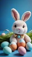 AI generated Photo Of A Sweet Stuffed Bunny With Easter Eggs On The Blue Background Edited Ai Illustration. AI Generated