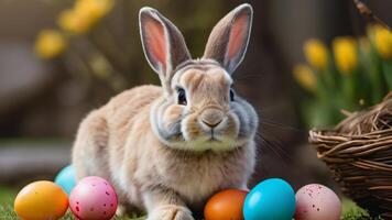 AI generated Photo Of Easter Bunny And Easter Eggs. AI Generated