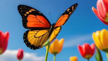 AI generated Photo Of Colorful Butterfly On Tulip Flower Against Blue Sky. AI Generated