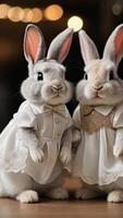 AI generated Photo Of A Photo Of Two Cute Rabbits Wearing Bride And Groom Dresses. AI Generated