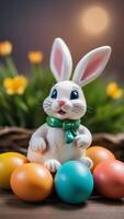 AI generated Photo Of Easter Bunny Figurine Around Colorful Eggs. AI Generated