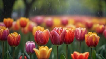 AI generated Photo Of A Mesmerizing Kaleidoscope Of Tulips Dances In A Rainbow Garden Blessed By A Gentle Rain Shower. AI Generated