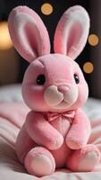 AI generated Photo Of Illustration Of A Cute Pink Stuffed Rabbit On A Cozy Bed Technology. AI Generated