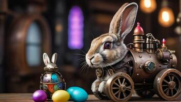 AI generated Photo Of Steampunk Style Rabbit With Steam Engines And Colorful Easter Eggs. AI Generated