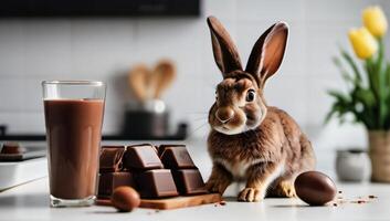 AI generated Photo Of Illustration Of Rabbit And Chocolate On A White Kitchen Table Easter Holiday Concept. AI Generated