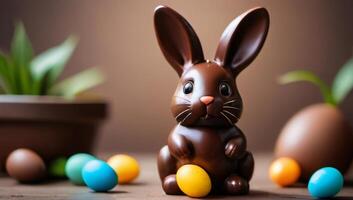 ai generado foto de linda Pascua de Resurrección conejito hecho de chocolate con chocolate huevos. ai generado