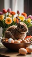 AI generated Photo Of A Brown Bunny Sitting In A Bowl Filled With Eggs On Top Of A Table Next To A Bunch Of Flowers. AI Generated