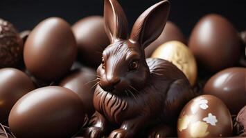 AI generated Photo Of Chocolate Easter Bunny And Eggs Selective Focus. AI Generated