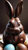 AI generated Photo Of Chocolate Easter Bunny And Eggs Selective Focus. AI Generated