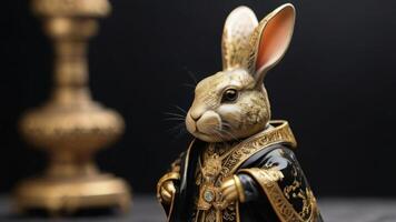 AI generated Photo Of The Rabbit Is Dressed Royally In An Exquisite Robe With Golden Patterns Stylish Rabbit Figurine Made Of Black Marble With Gold Dusting Technology. AI Generated