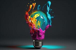 Creative colored light bulb explosion with shards and paint, a creative idea. Think different, concept. Business, ideas and the discovery of new technology.Generative AI. photo