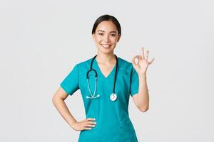 Covid-19, healthcare workers, pandemic concept. Professional confident smiling asian woman doctor, female nurse in scrubs assure everything under control, showing okay gesture pleased photo