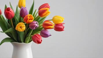 AI generated Photo Of Set Of Colorful Tulips Flowers Bouquet Of Colorful Tulips In A White Vase Colorful Tulip Close Up Isolated On A White Background. AI Generated