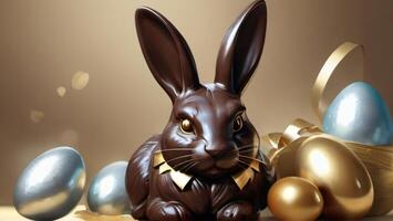 AI generated Photo Of Easter Chocolate Bunny Wrapped In Silver With A Gold Bow And Chocolate Eggs Wrapped In Gold On A Light Gold Background Easter Holiday Concept Text. AI Generated