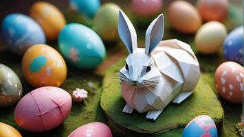 AI generated Photo Of Easterthemed Paper Crafts And Origami Easter Background Easter Celebration Bunny Eggs Resurrection Chocolate Spring Cross Sunday Jesus 16 9. AI Generated
