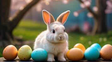 ai generado foto de el Pascua de Resurrección conejitos mundo maravilloso de oculto huevos. ai generado