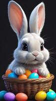 AI generated Photo Of Cute Bunny Holds Basket Of Bright Colorful Easter Eggs. AI Generated