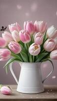 AI generated Photo Of Watercolour Drawn Set Of Beautiful Pink And White Tulip Bouquets Flowers Butterflies Watering Cans Wreath Heart Decoration. AI Generated