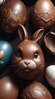AI generated Photo Of Chocolate Easter Bunny And Eggs. AI Generated