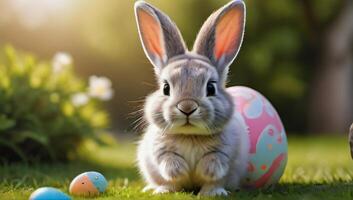 AI generated Photo Of Adorable Easter Baby Bunny Holding An Easter Egg In The Garden. AI Generated