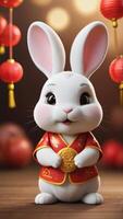 AI generated Photo Of Cute Chinese Rabbit Character Illustration 3D Style Chinese New Year 2023 Greeting Card. AI Generated