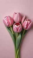 AI generated Photo Of Beautiful Bunch Of Pink Tulips Flowers On Decent Pastel Rose Background The Background Offers Lots Of Space Text. AI Generated