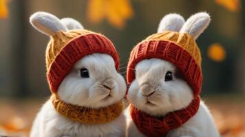 ai generado foto de dos pequeño gracioso conejos vestido en de lana de punto sombreros en otoño. ai generado